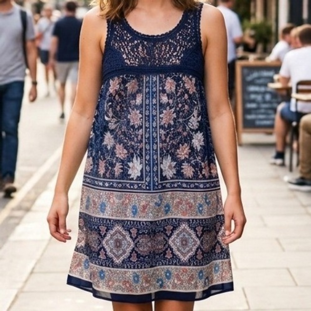 Blu‎ Pepper Navy Blue Boho Floral Crochet Lace Mini Dress Medium